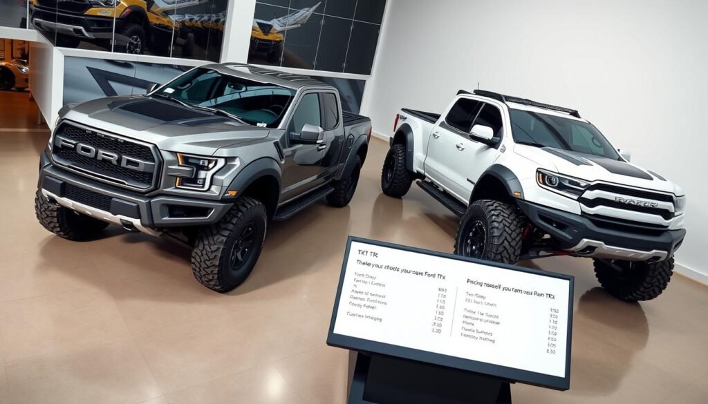 pricing and trim levels of Ford Raptor and Ram TRX