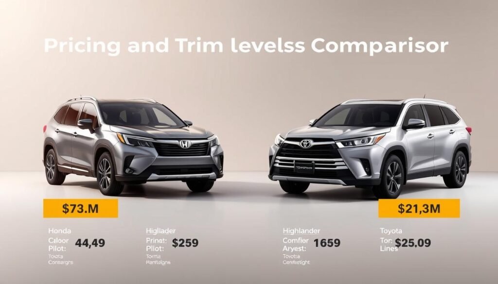 pricing comparison and trim levels for Honda Pilot and Toyota Highlander